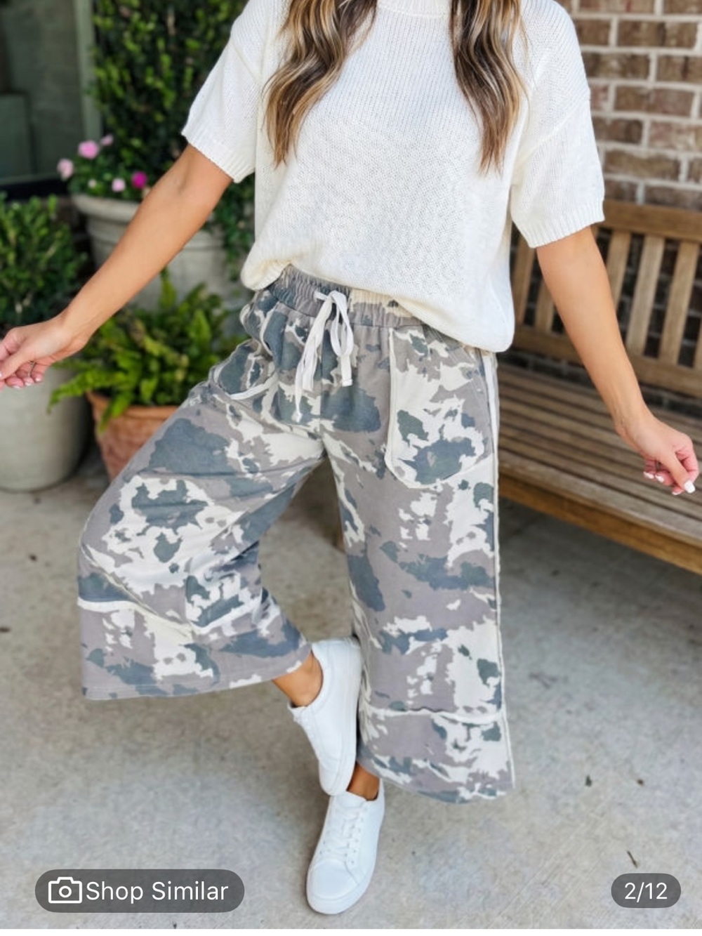 New with Boutique tags Relaxed Wide-Leg Camo Pull-On Pants - Gray/White